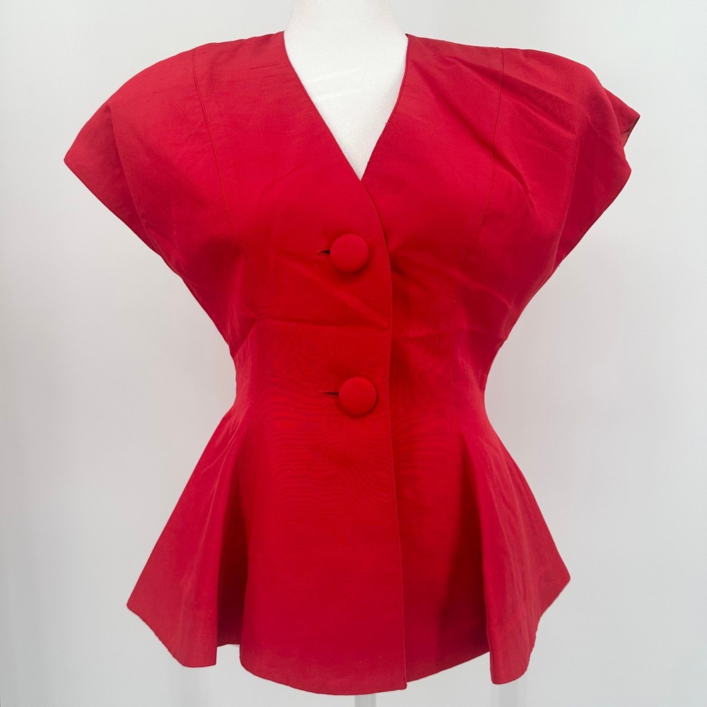 Vintage St. Gillian Red 100% Silk Peplum Blouse Top Power Shoulders Size 4